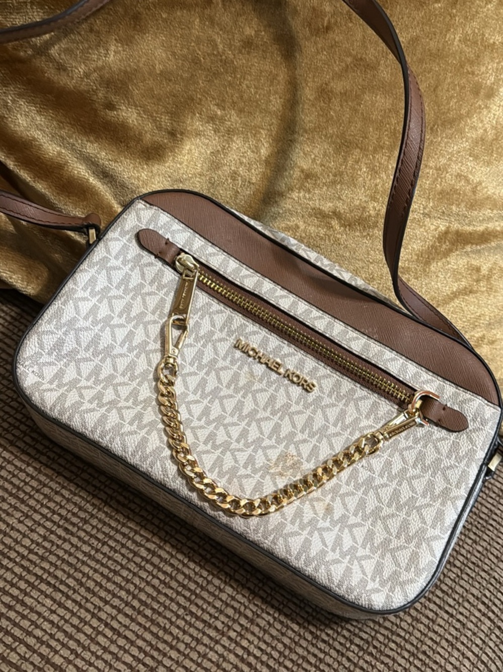 Michael Kors Cream Logo Crossbody with Brown Trim and Gold Chain